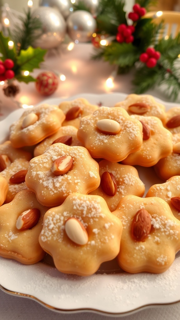 A plate of Christmas Mandorla cookies dusted with powdered sugar, surrounded by holiday decorations.